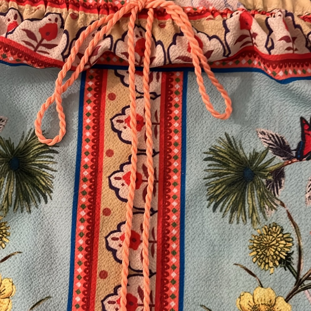 Umgee Light Blue Floral Off-Shoulder Blouse with Tassel Tie - Picture 7 of 13